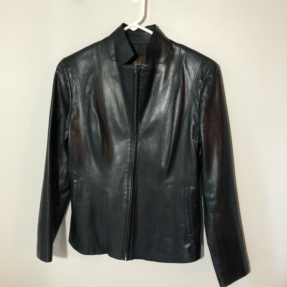 Cole Haan lambskin stand up collar black leather jacket womens 6 moto luxury